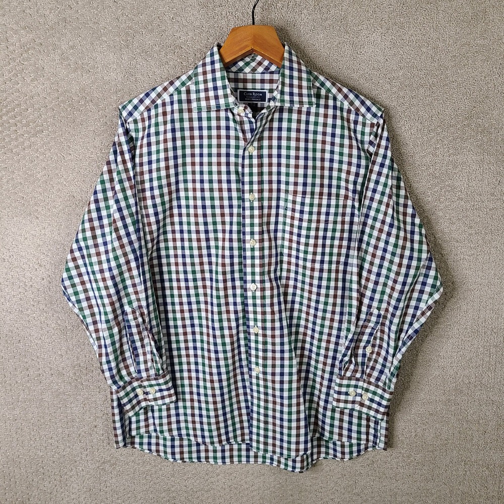 Club Room Shirt Mens 15.5 32-33 Multicolor‎ Gingham Performance Button Down